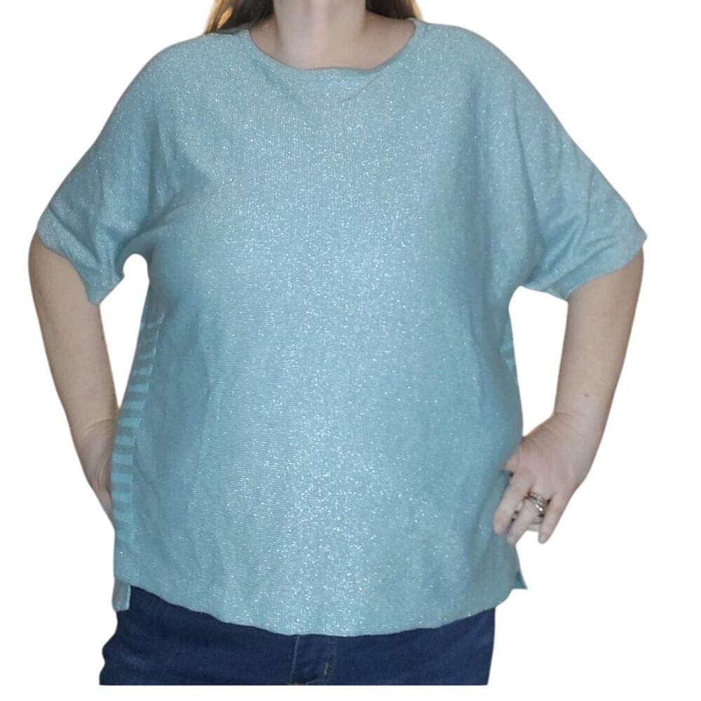 Chico’s Metallic Linen Blend Boxy Sweater Aqua Blue XL (3)